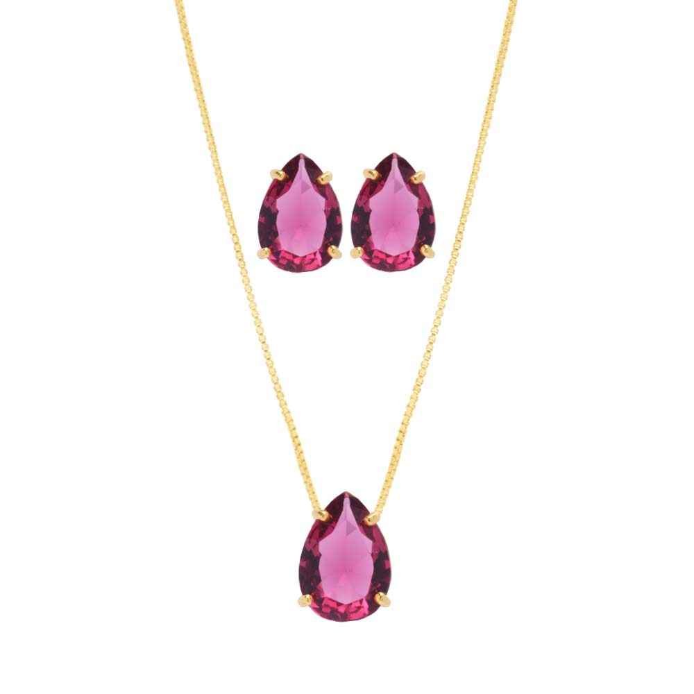 CONJUNTO GOTA ROSA ESPECIAL BANHADO EM OURO 18K - CONJ809