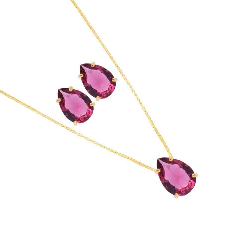 CONJUNTO GOTA ROSA ESPECIAL BANHADO EM OURO 18K - CONJ809