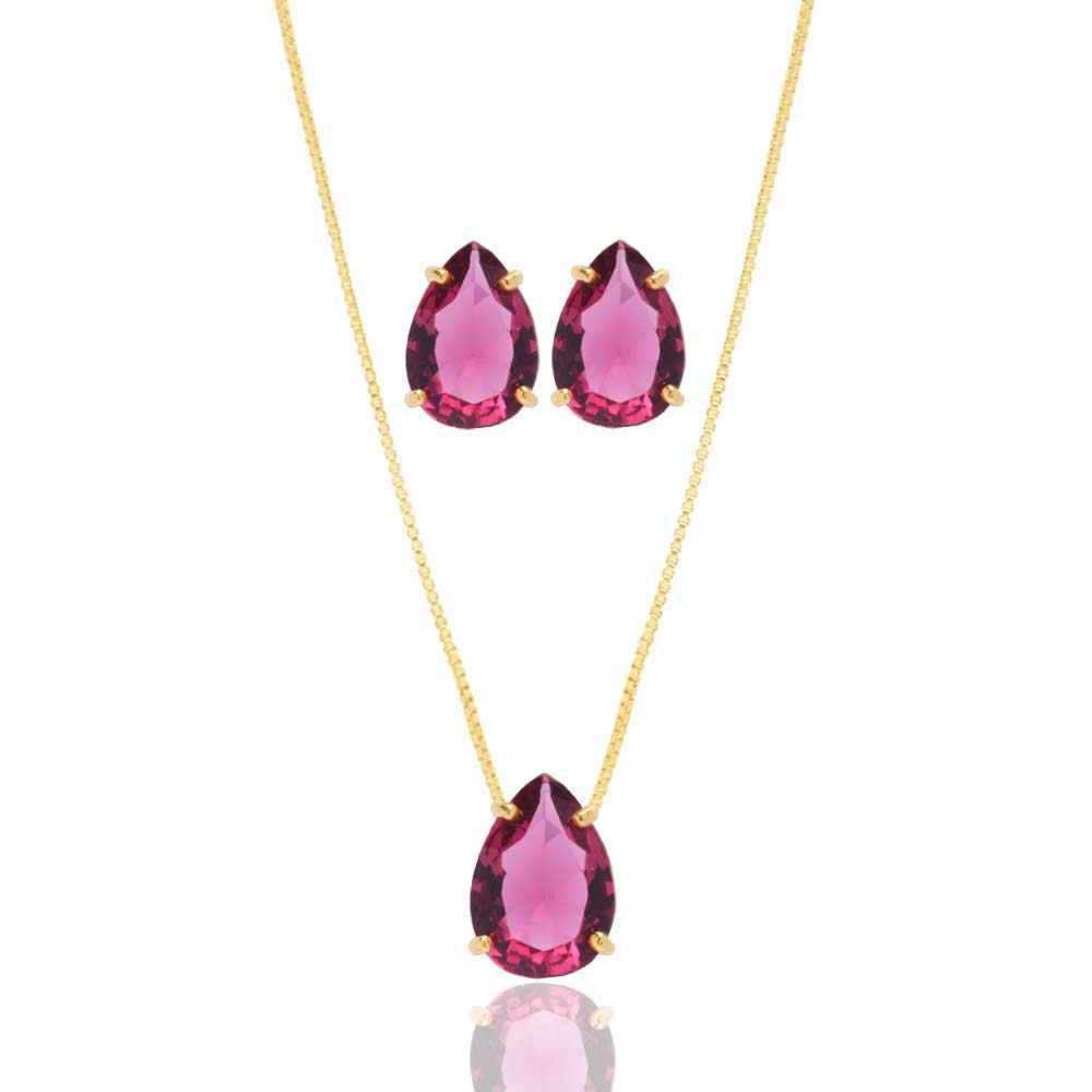 CONJUNTO GOTA ROSA ESPECIAL BANHADO EM OURO 18K - CONJ809