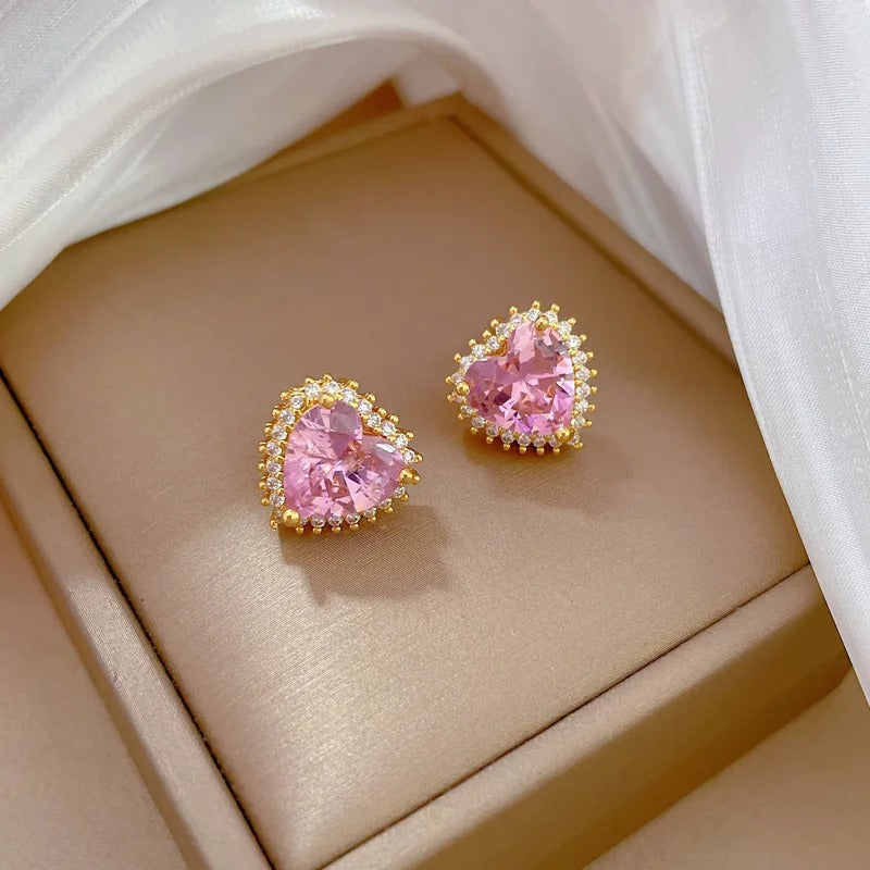 Conjunto Coração Rosa Cravejado Banhado Em Ouro 18K - Conj135