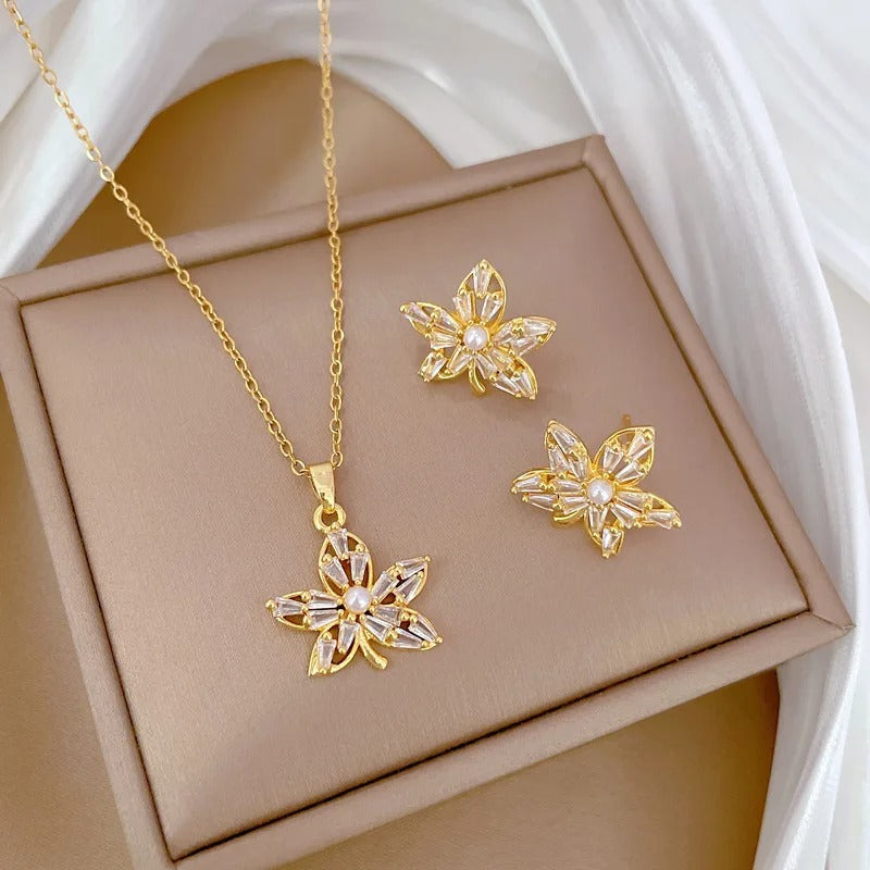 Conjunto Folha De Bordo Canadá Banhado Em Ouro 18K - Conj111