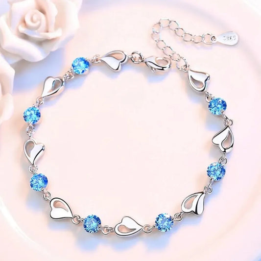Pulseira Corações E Pontos De Luz Azuis Prata 925 - Pul1501