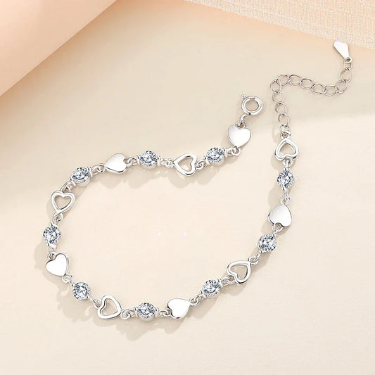 Pulseira Corações E Pontos De Luz Prata 925 - Pul1519