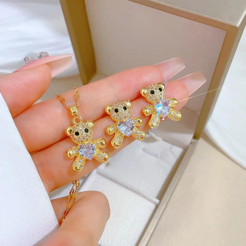 Conjunto Ursinho Cravejado Banhado Em Ouro 18K - Conj361