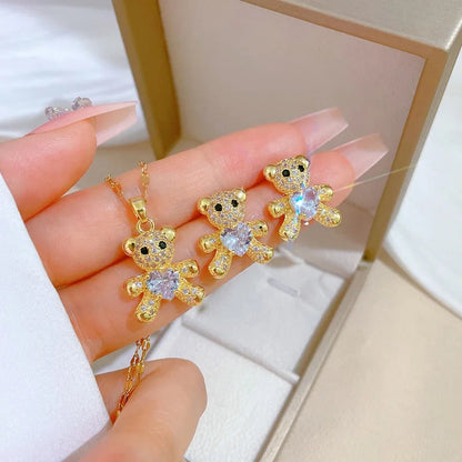 Conjunto Ursinho Cravejado Banhado Em Ouro 18K - Conj361